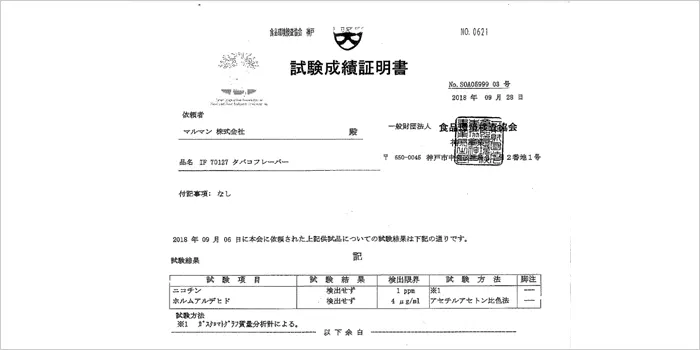 禁煙パイポの試験成績証明書