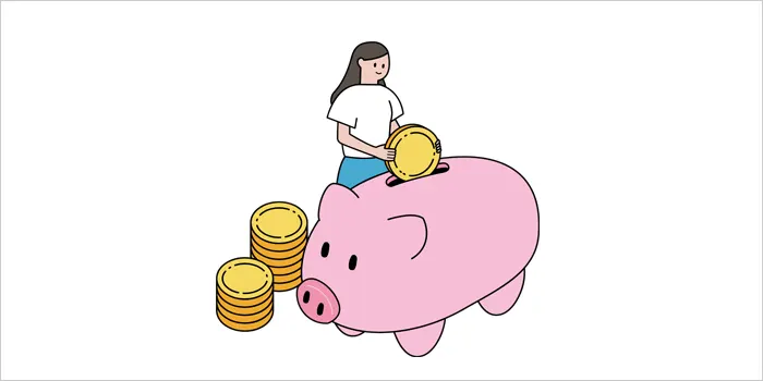 貯金箱にお金を入れている女性のイラスト