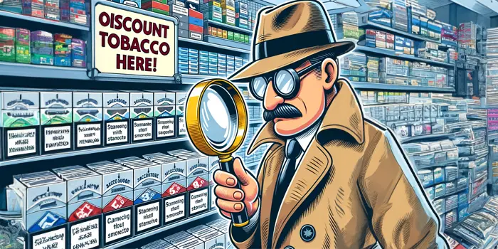 安いタバコを調査する探偵のイラスト