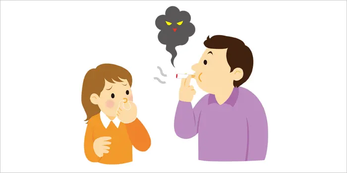 タバコの匂いで女性を困らせている男性のイラスト