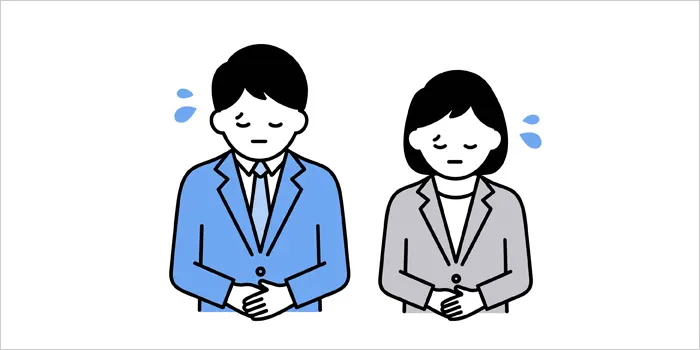 販売終了を申し訳なさそうにしている男女のイラスト