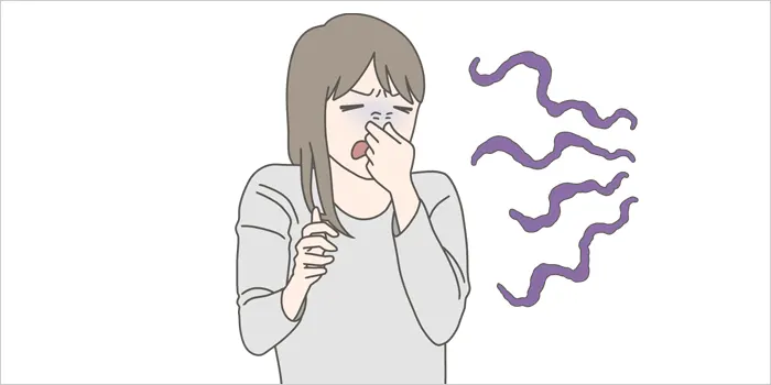 鼻をつまんでいる女性のイラスト