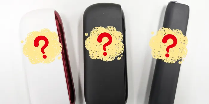 アイコス3、アイコス3デュオ、アイコス3マルチの上に？が置いてある画像